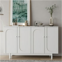 JERFIT 4-Door Storage Cabinet with Intaglio Design, Adjustable Shelves, Solid Wood Pulls for Living Room, Bedroom & Kitchen Organization, White