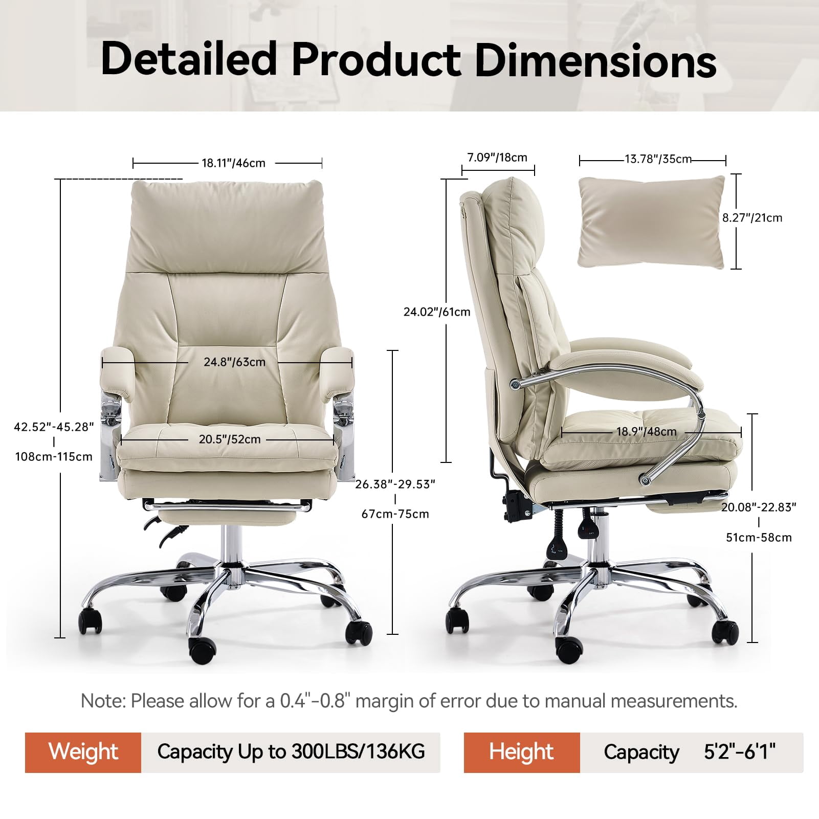 LEAGOO Reclining Office Chair with Foot Rest, Executive Office Chairs with Arms, Ergonomic High Back PU Leather Comfy Swivel Computer Desk Chairs with Wheels and Lumbar Support for Home Office, White