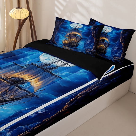 Manfei Magical Sailboat Canyon Ocean Zipper Twin Comforter Sets with Fitted Sheet and 2 Pillowcases for Kids Boys and Girls, Nautical Fantasy Print Zipper Bedding Set, Black Reversible, 4pcs
