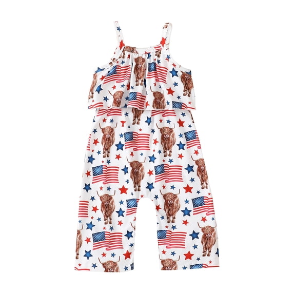 Arvbitana 1T 2T 3T 4T 5T Baby Girl 4th of July Romper Summer Sleeveless Bull Print Sling Vest Long Pants Jumpsuit for Casual Party Independence Day