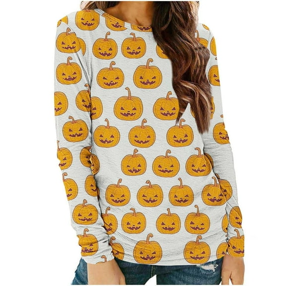 Halloween Shirts for Women Long Sleeve T-Shirts Funny Graphic Print Casual Loose Comfy Crewneck Tunic Tops Women Fall Outfit