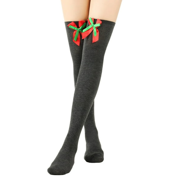 Odeerbi Bowknot Christmas Stockings for Women 2025 Solid Color Winter Warm Socks Extended Knee Length Christmas Bow Plush Ball Warm Socks Dark Gray