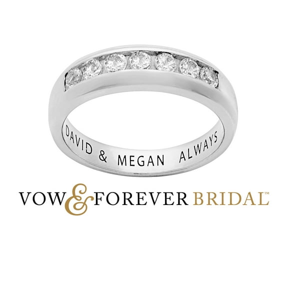 Vow & Forever Personalized Planet Bridal Platinum over Sterling Silver Engraved White Topaz Wedding Band ,Women's