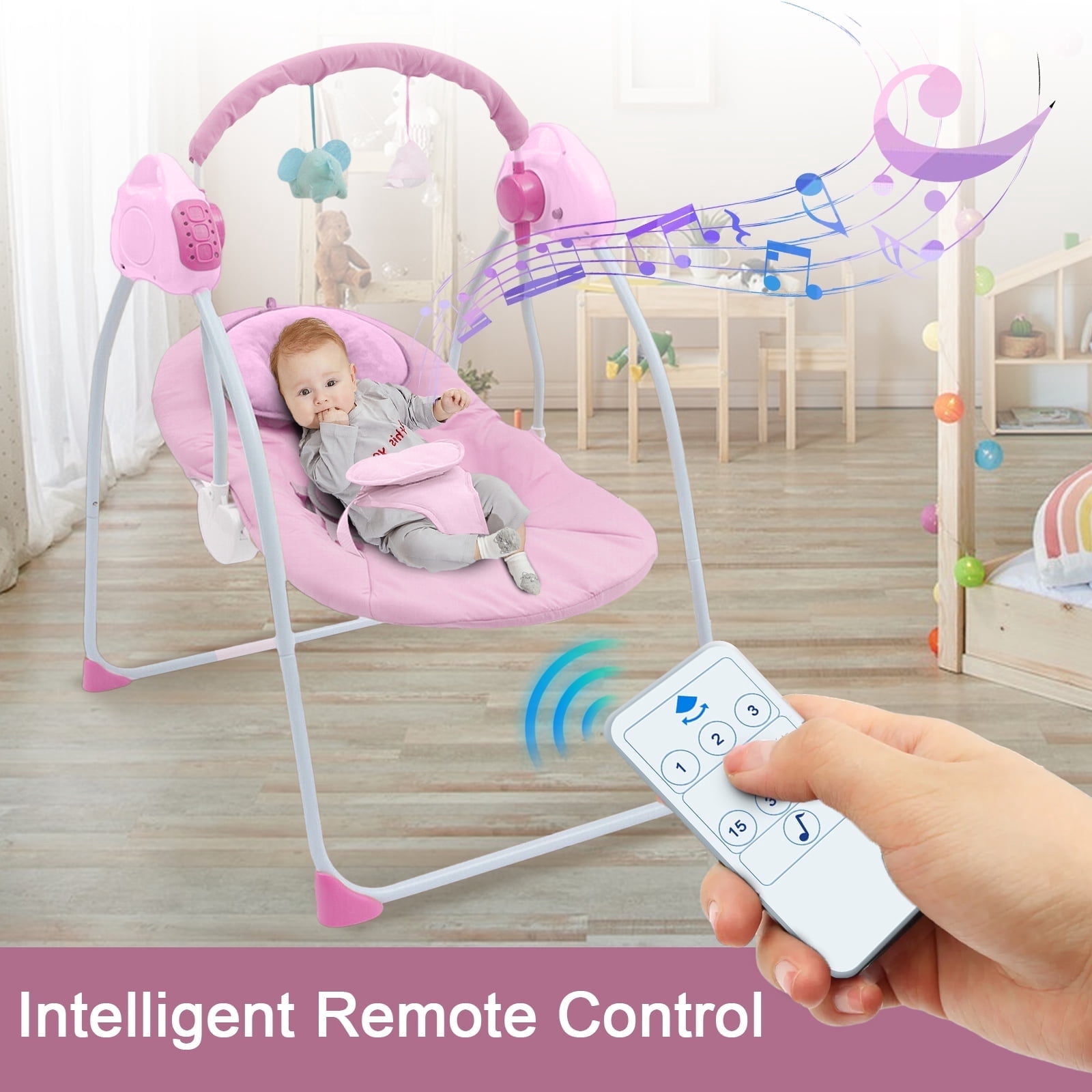 JieC Electric Baby Swing with Toy, Unisex, Suitable for Newborns From 0-36 Months,Pink