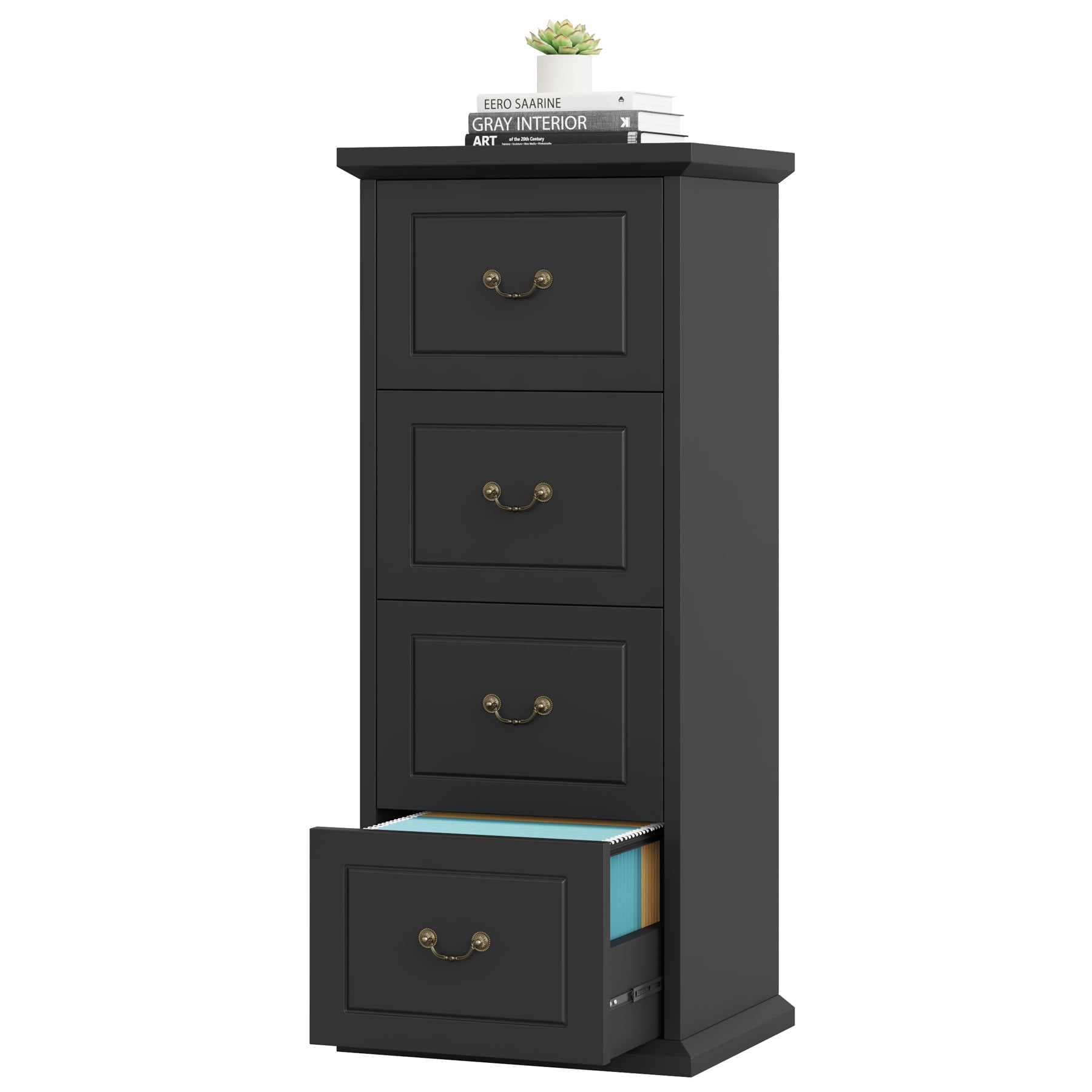 Fnova 4-Drawer File Cabinet, Tall Wood Filing Cabinet for A4/Letter Size, Large Office Drawer Chest, Rustic Storage Organizer Unit for Home Office, Black