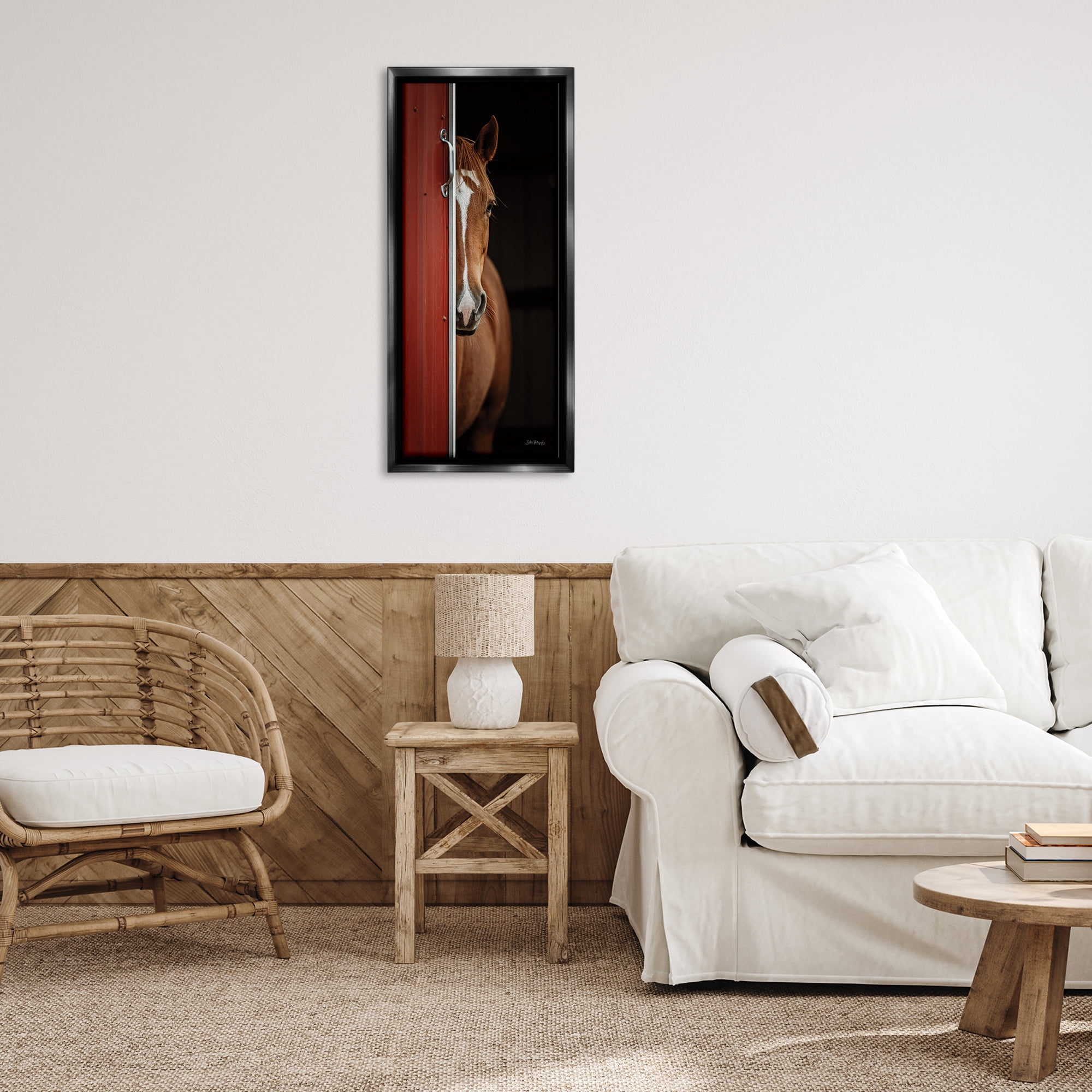 Stupell Industries Brown Stallion Peeking Animals & Insects Photography Black Floater Framed Canvas Art Print Wall Art, 15 x 31