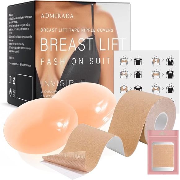 LAICAIW Boob Tape, Boobytape for Breast Lift, Breast Lift Tape with with 2 Pcs Sticky Adhesive Silicone Reusable Nipple Covers, Beige, One Size