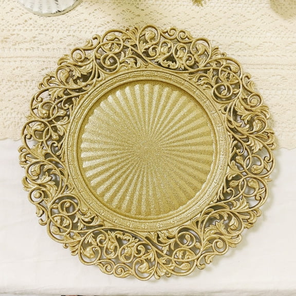 13inch, Set of 12pcs, Gold Charger Plates, Hollow out and Embossed, Glittery,Lightweight And Unbreakable, Suitable For Wedding, Party, Event, Festivity, Dinner,