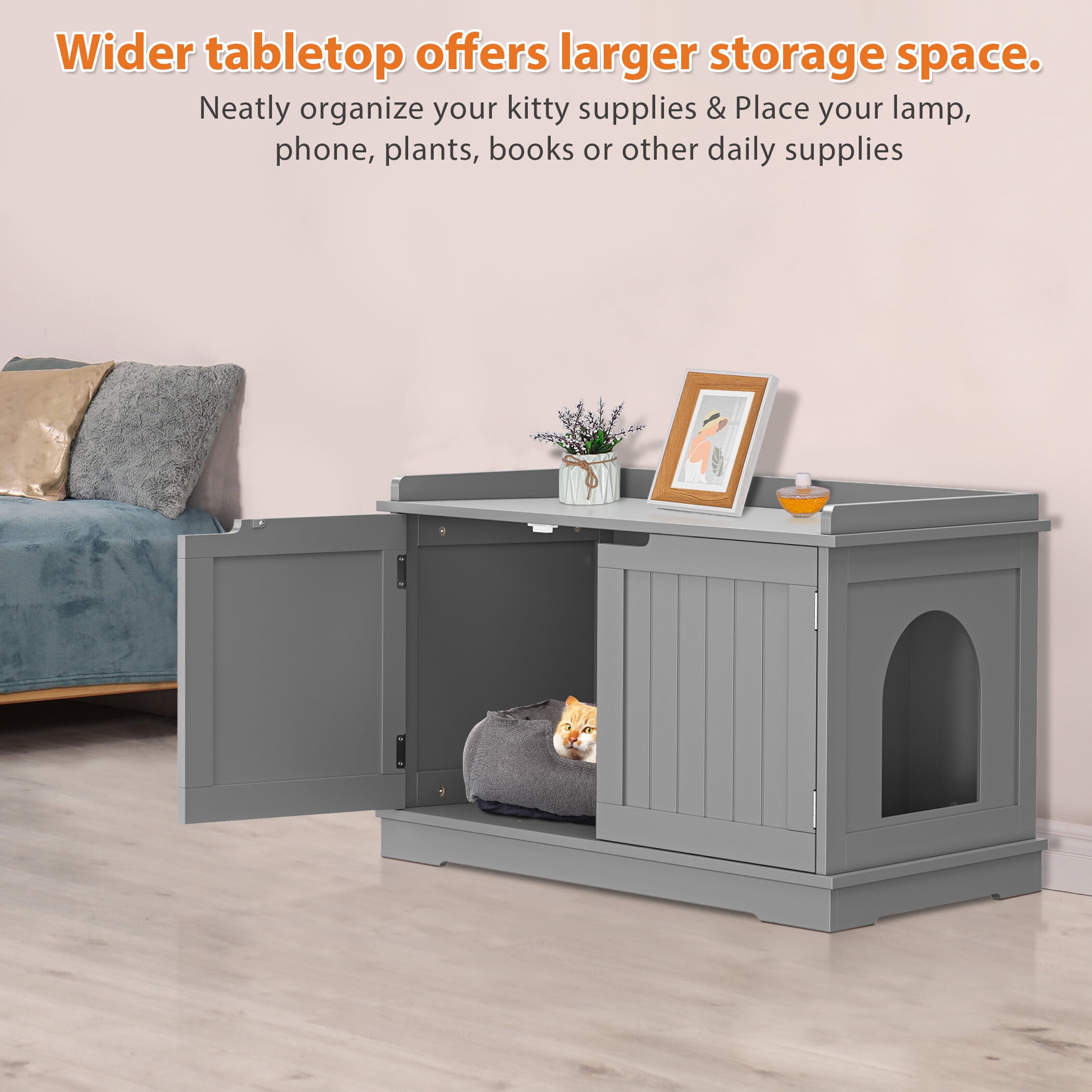 HomGarden Multi-Functional Cat Washroom Bench Hidden Cat Litter Box Enclosure Furniture Light Gray