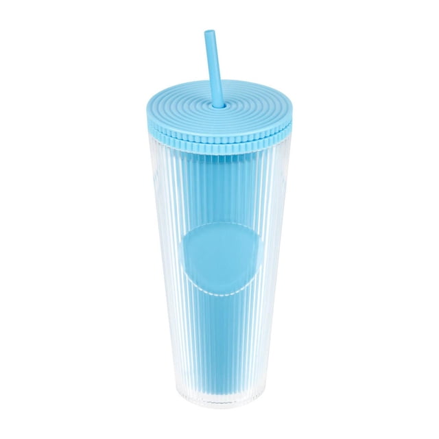 Vaso de plástico doble pared con popote y diseño texturizado azul 9.7 x 22.7