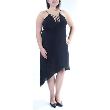 Length Cut Out - GUESS Womens Black Cut Out Spaghetti Strap V Neck Tea Length Fit + Flare Dress Size: L