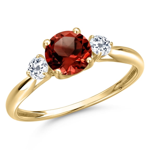 Gem Stone King 10K Yellow Gold Red Garnet and White Topaz 3-Stone Ring for Women | 1.28 Cttw | Round 6MM | Gemstone January Birthstone | Size 7
