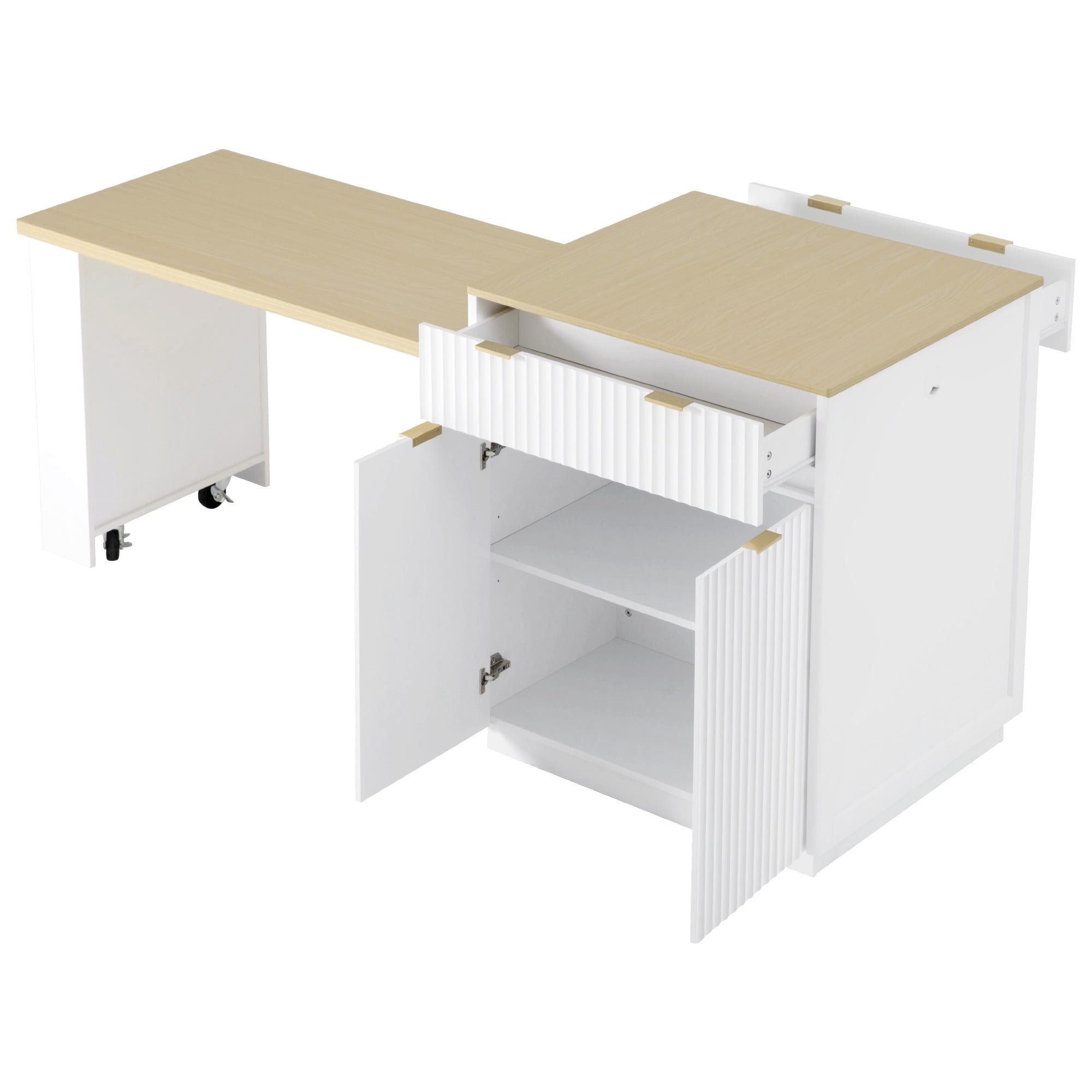Euroco 82.6" Fluted Kitchen Island with Extendable Dining Table for 4-6, Island Table for Kitchen with Power Outlet, Kitchen Table with Double-Side Storage, 2 Drawers 2 Side Open Shelves