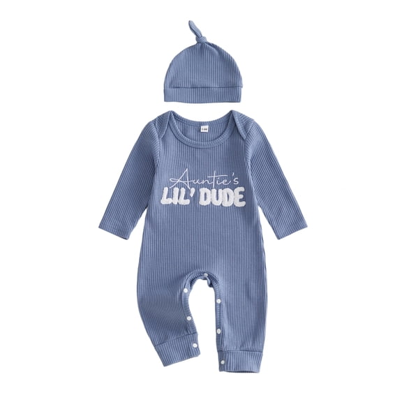 Cjfdfy Newborn Baby Boy Girl Fall Outfit Auntie's Lil Dude Letter Embroidery Ribbed Long Sleeve Romper And Hat Set Infant Cute Coming Home Outfit 0-9 Months