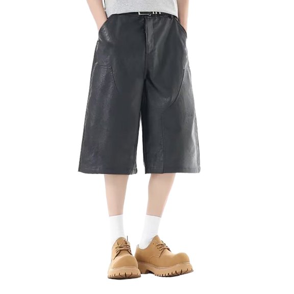 CONZONE Men's Baggy Pu Leather Shorts Wide Leg Streetwear Shorts for Men Trendy Elastic Waist Solid Summer Bottoms With Pockets