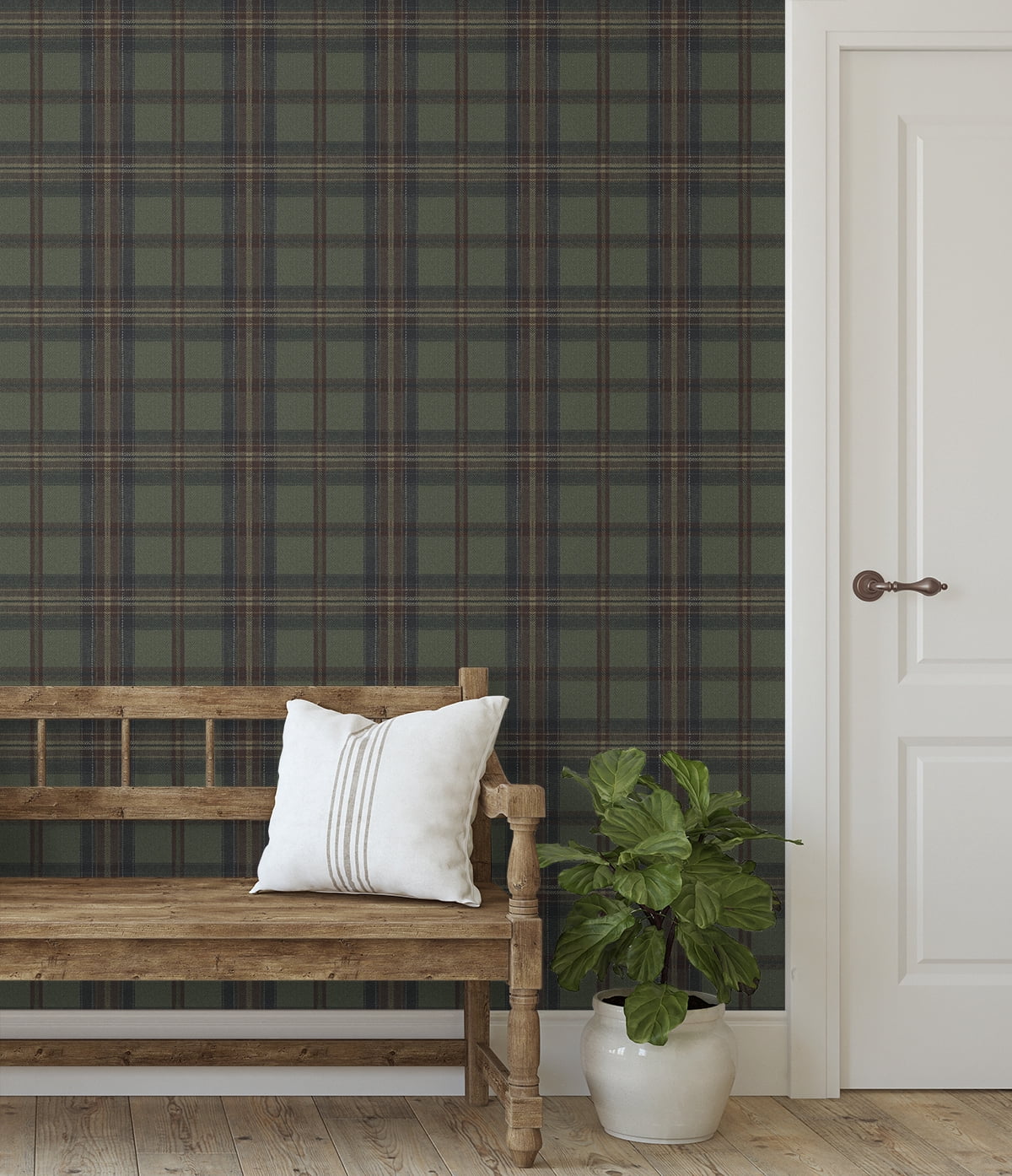Harry & Grace Adobe & Antique Green Herringbone Plaid Premium Matte Non-Woven Peel and Stick Wallpaper - 20.5 in. W x 18 ft. L Roll