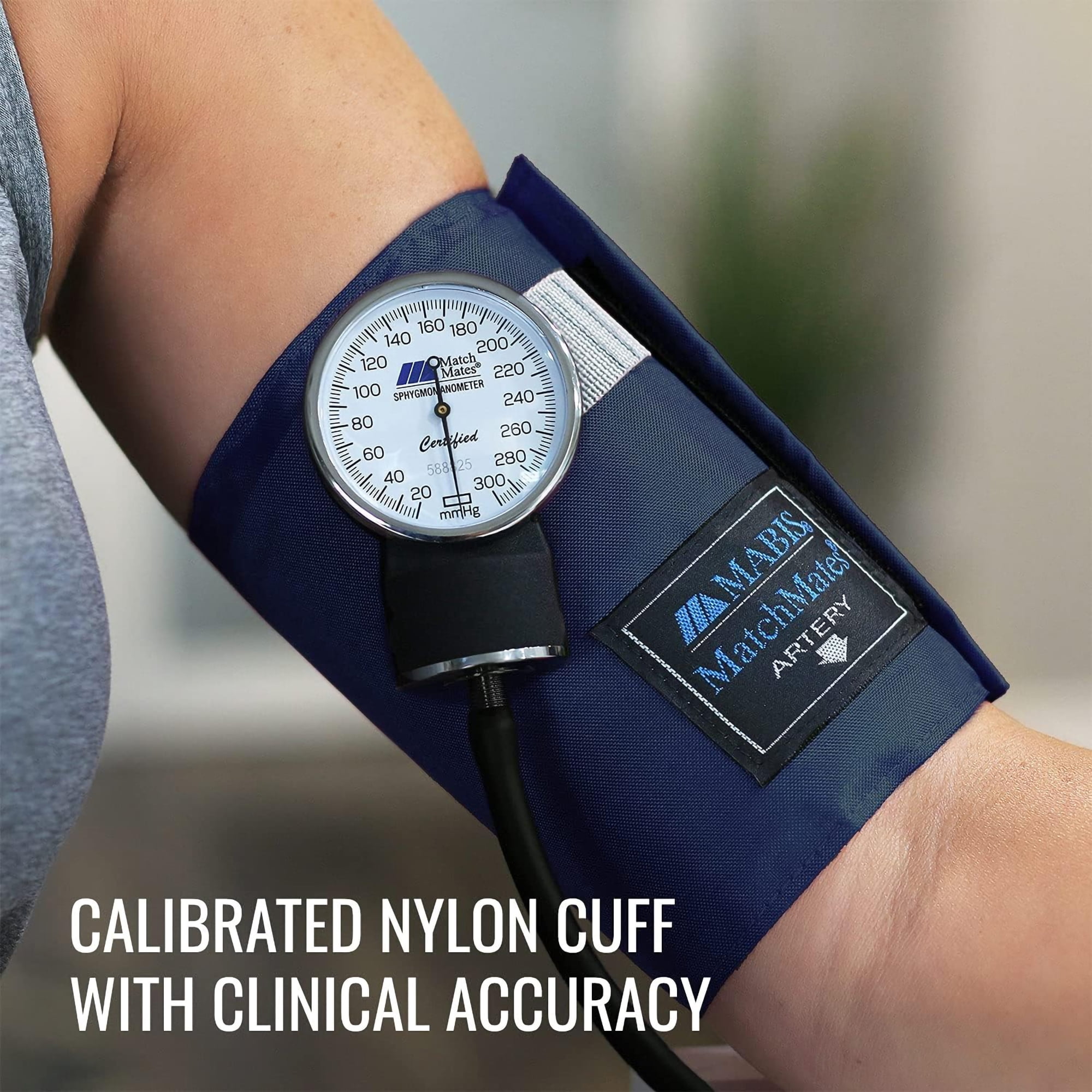 MABIS MatchMates Manual Blood Pressure Monitor Kit Aneroid Sphygmomanometer with Calibrated Nylon Cuff and Oversized Carrying Case, Adult, Navy