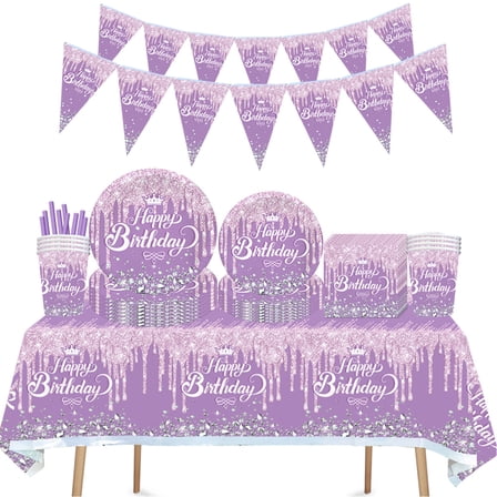 ZOOMPIL Diamond Birthday Party Tableware, 62Pcs Purple Party Tableware Set for Her, Sparkling Diamond Purples Dinnerware Set for Birthday,Wedding,Baby Shower Party Tableware