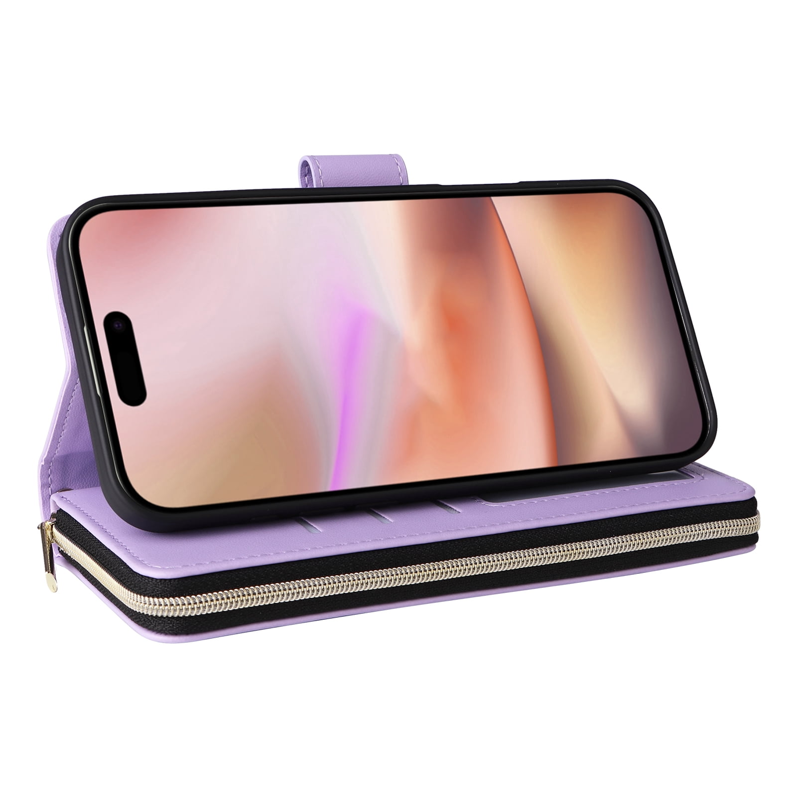 Allytechgroup Case for iPhone 16 with Credit Card Slot, Built-in Shoulder Strap Lanyard PU Leather Wallet Flip Stand Case Full Body Shockproof Protective for iPhone 16, Purple