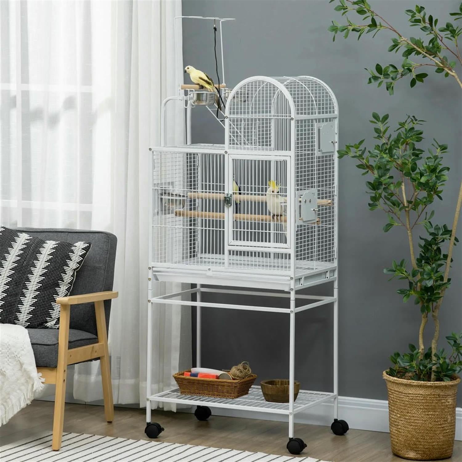 Kadyn 64" Height Large Flight Cage, Bird Cage with Rolling Stand, Hooks Above, Perch, Tray, Food Cups for Parrots Conures Lovebird Cockatiel Parakeets, White