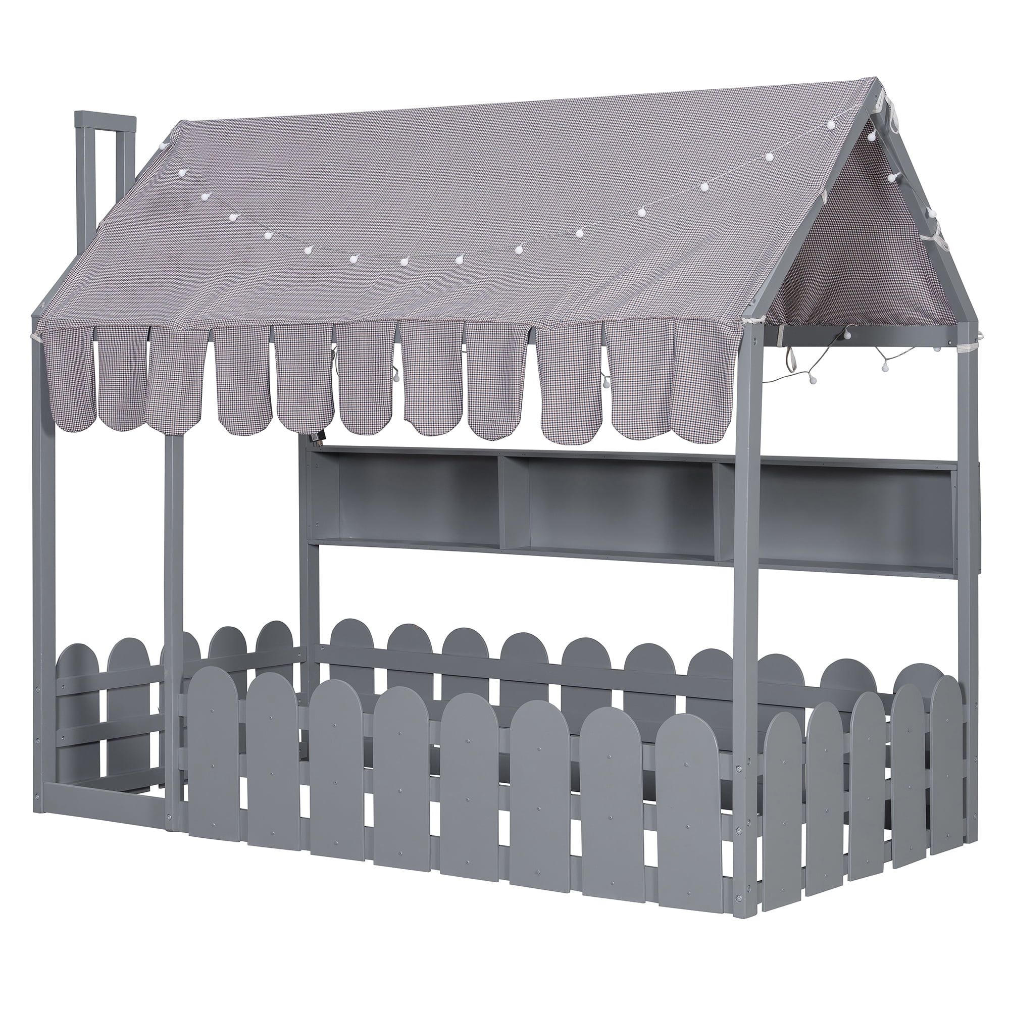 Sailvan Twin Size Montessori House Bed for Kids, Floor Bed with Fence Railings, Slats not included