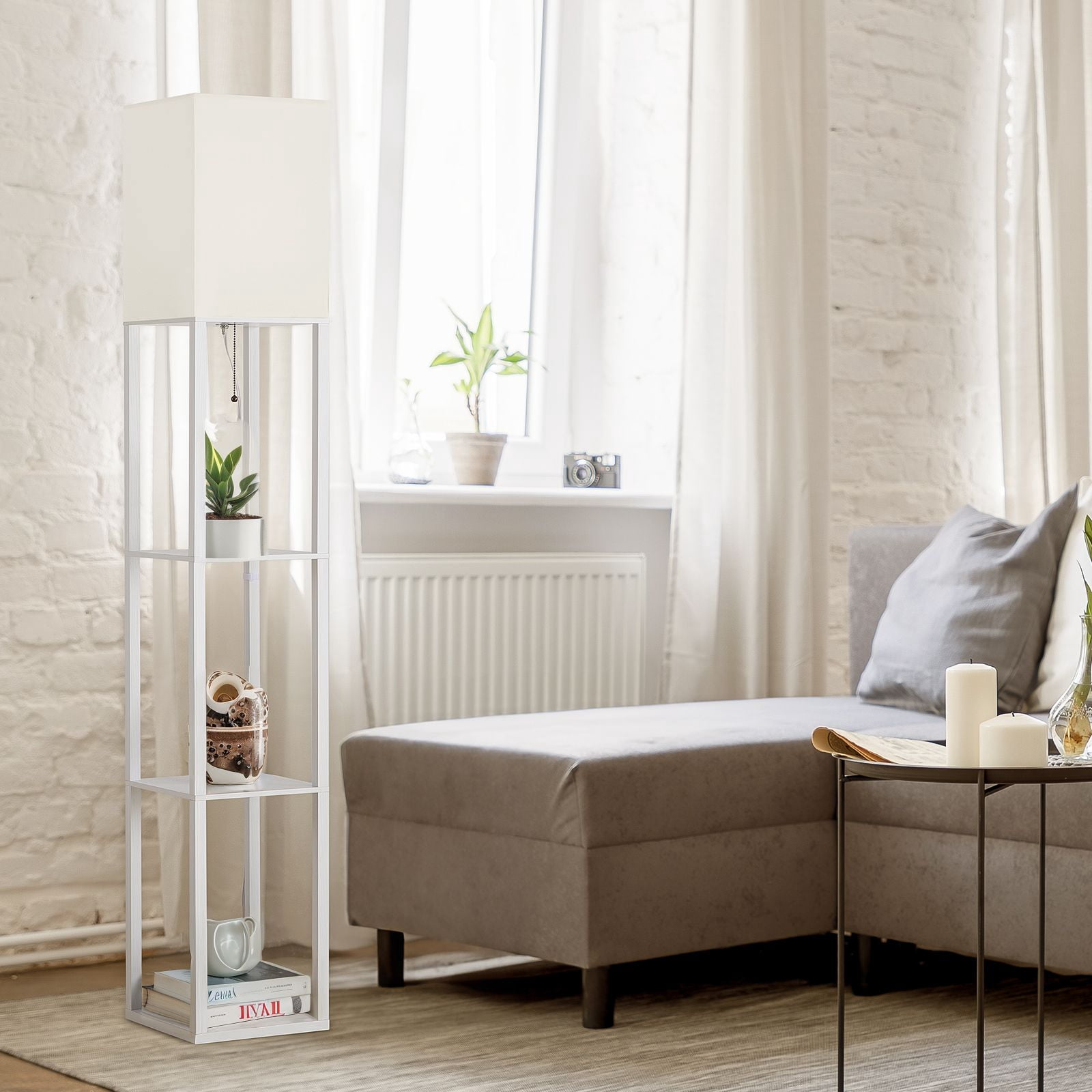 SUNMORY 63'' White Floor Lamp with Shelves, LED Standing Lamp 1000 Lumens, Shelf Floor Lamp for Living Room, Modern Lamp for Bedroom, Lamp with Storage Dustproof, Standing Light, UL Certified, White