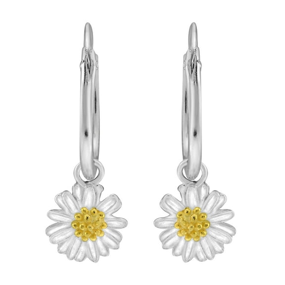 Versatile Chamomile Brushed Flower .925 Sterling Silver Hoop Earrings