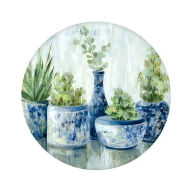 Prinz Blue Chinoiserie Potted Plants 20" x 20" Round Canvas Wall Art