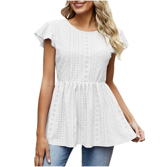 jtjvou Womens Summer Babydoll Tops Crew Neck Cap Short Sleeve Pleated Shirts Casual Eyelet Blouse White M
