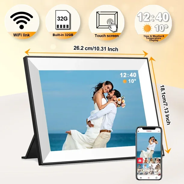 Touch Screen Digital Picture Frame 10.1 Inch WIFI Video Frame Digital Photoframe Built-in 32GB Storage for Photos Video Frameo