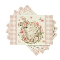 Sm:)e Pink Buffalo Plaid Bunny Rabbit Flower Easter Placemats Set of 4, 12x18 Inch Seasonal Spring Table Mats for Party Kitchen Dining Decoration