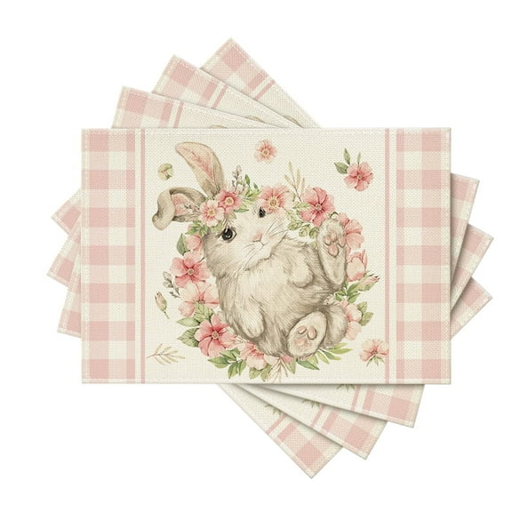Sm:)e Pink Buffalo Plaid Bunny Rabbit Flower Easter Placemats Set of 4, 12x18 Inch Seasonal Spring Table Mats for Party Kitchen Dining Decoration