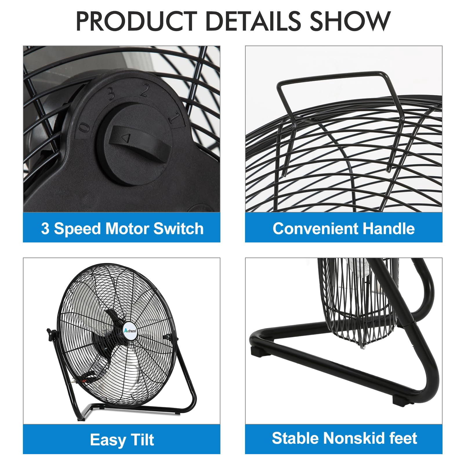 Achazel 20" High Velocity Floor Fan 3-Speed 5200 CFM Industrial Shop Fan Heavy Duty Metal with Wall Mount System for Garage Workshop Commercial Use