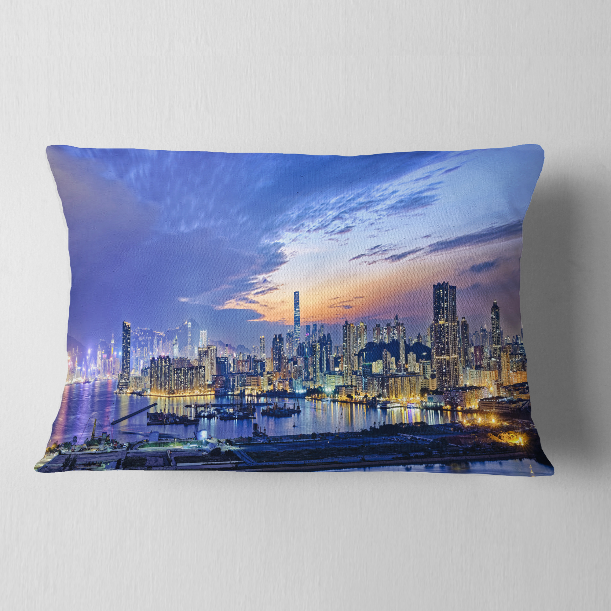 Designart Hong Kong City Sunset Panorama - Cityscape Throw Pillow - 12x20