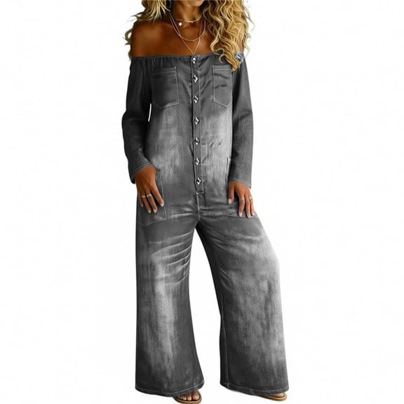 Npasoilc Button Multiple Pockets Long Sleeve Denim Look Jumpsuits for Women Crew Neck Long Sleeve