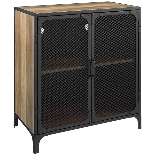 Walker Edison Malcomb Industrial Metal Mesh 2 Door Storage Cabinet , 30 Inch, Rustic Oak