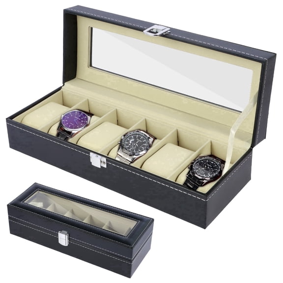FUYGRCJ Watch Box Organizer, 6 Slot Mens Watch Case, Watch Storage Holder Organizer Case, Watch Stand Display Storage Case with Glass Lid Gifts for Men Women