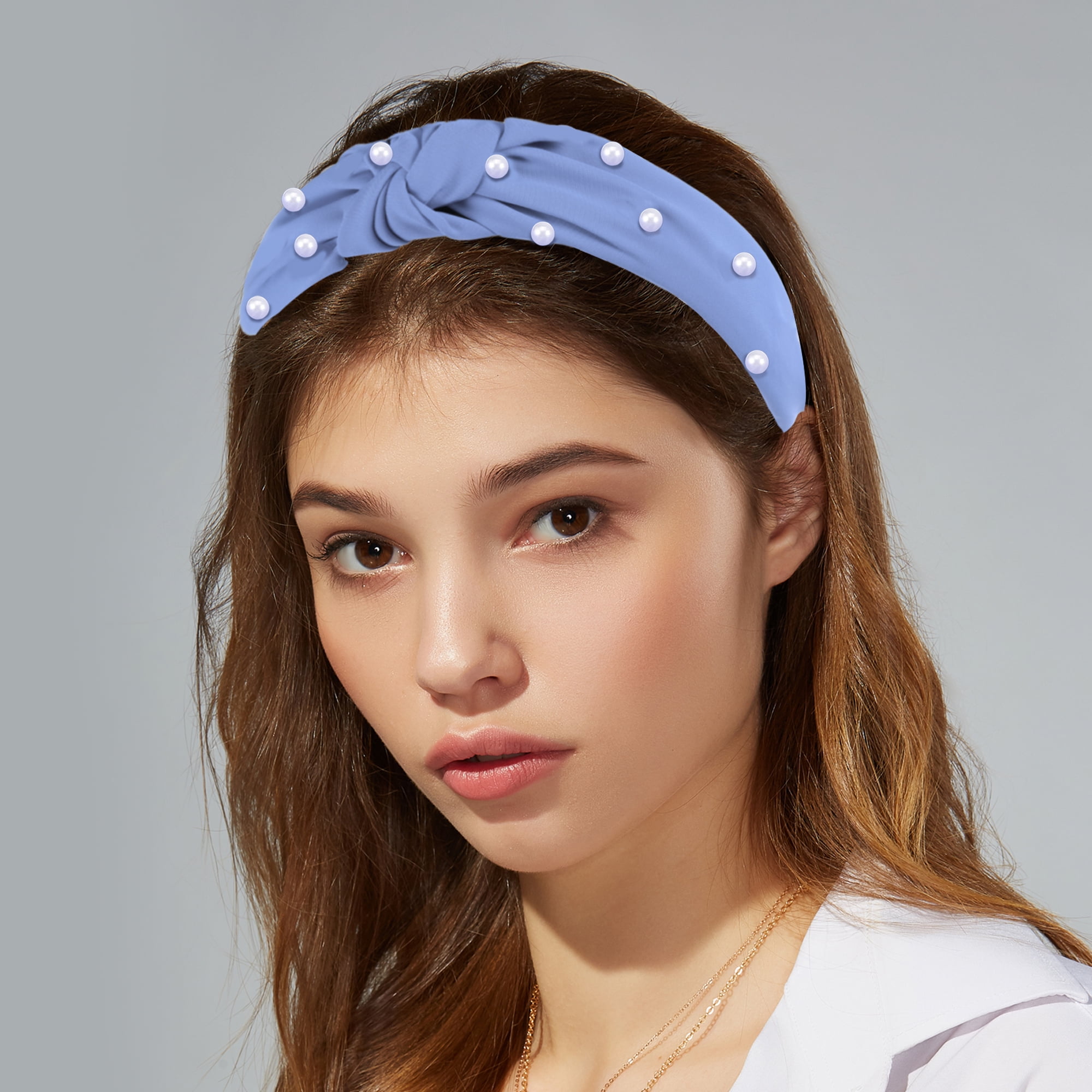 Unique Bargains 1 Pcs Satin Knotted Pearl Headband Hairband for Women 1.1 Inch blue