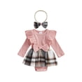 thumbnail image 1 of Arvbitana Infant Baby Girls Rompers Long Sleeve Crew Neck Striped One-piece Plaid Dress with Headband Casual Bodysuits 0-18M, 1 of 9