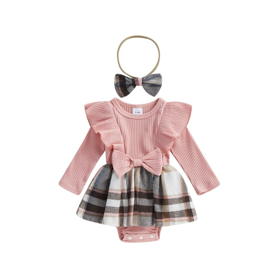 Arvbitana Infant Baby Girls Rompers Long Sleeve Crew Neck Striped One-piece Plaid Dress with Headband Casual Bodysuits 0-18M