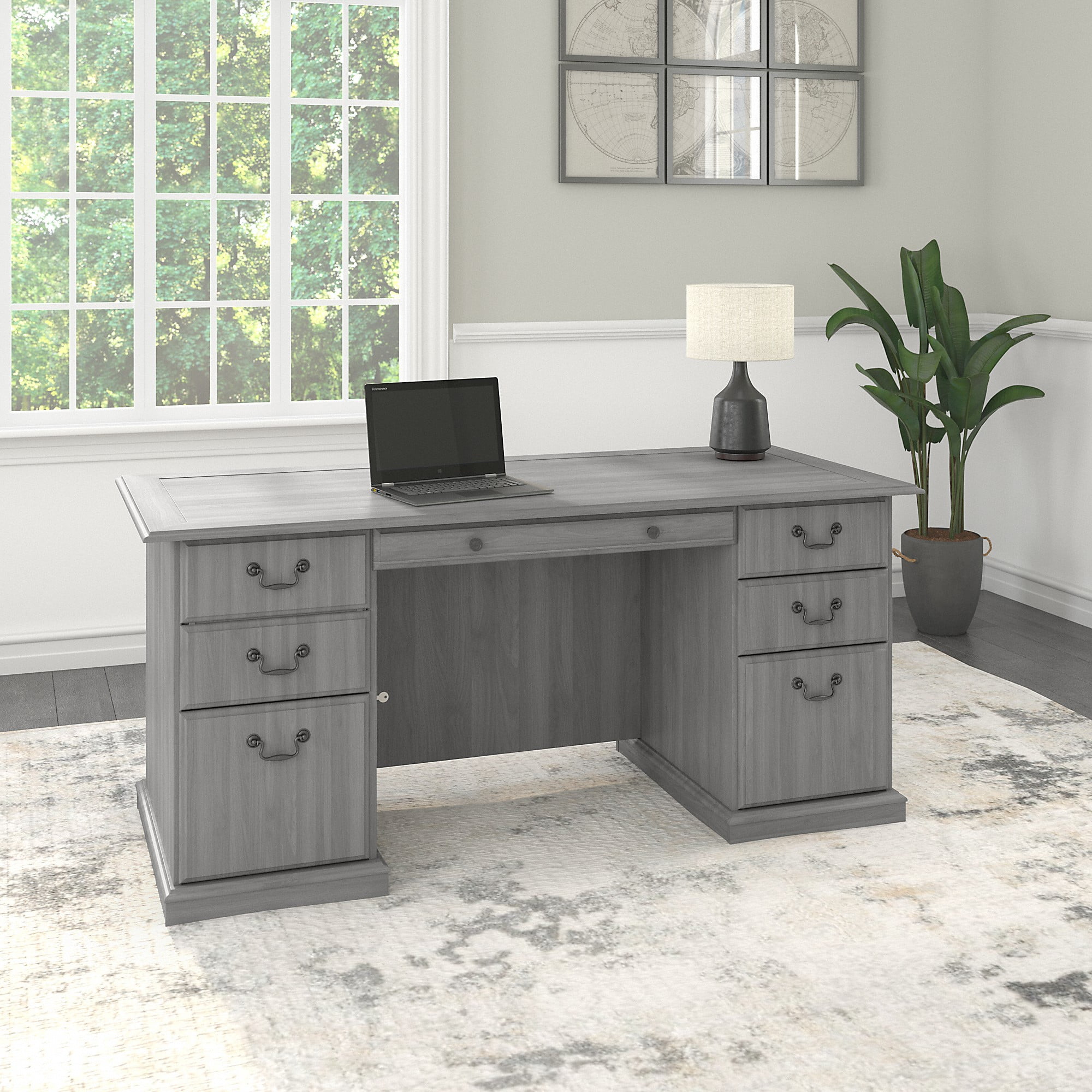 Bush Furniture Saratoga Executive Desk with Drawers in Modern Gray