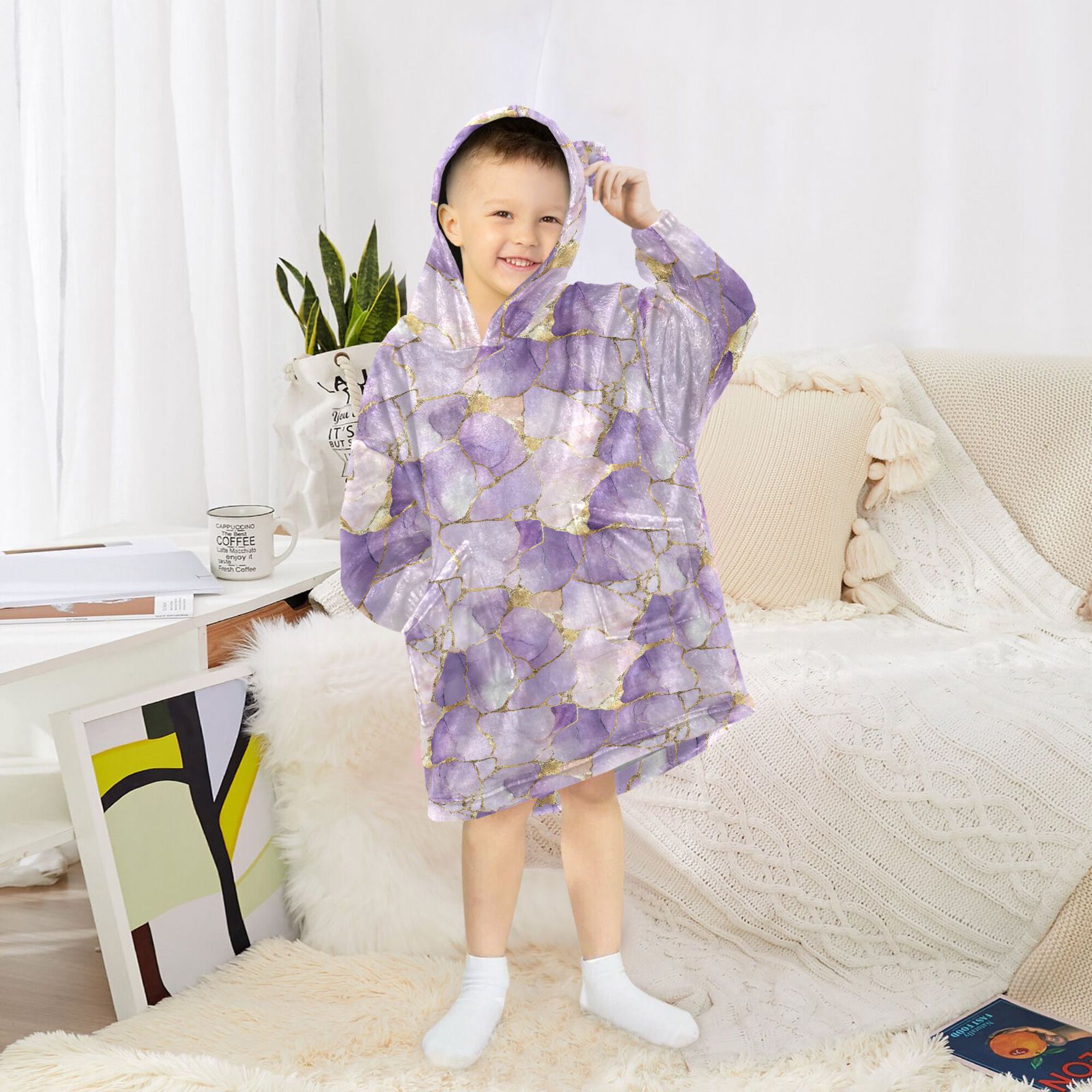 FORMRS Wearable Blanket Hoodie with Sleeves for Kids Cozy Flannel Sweatshirt, Pastel Purple Marble Pattern