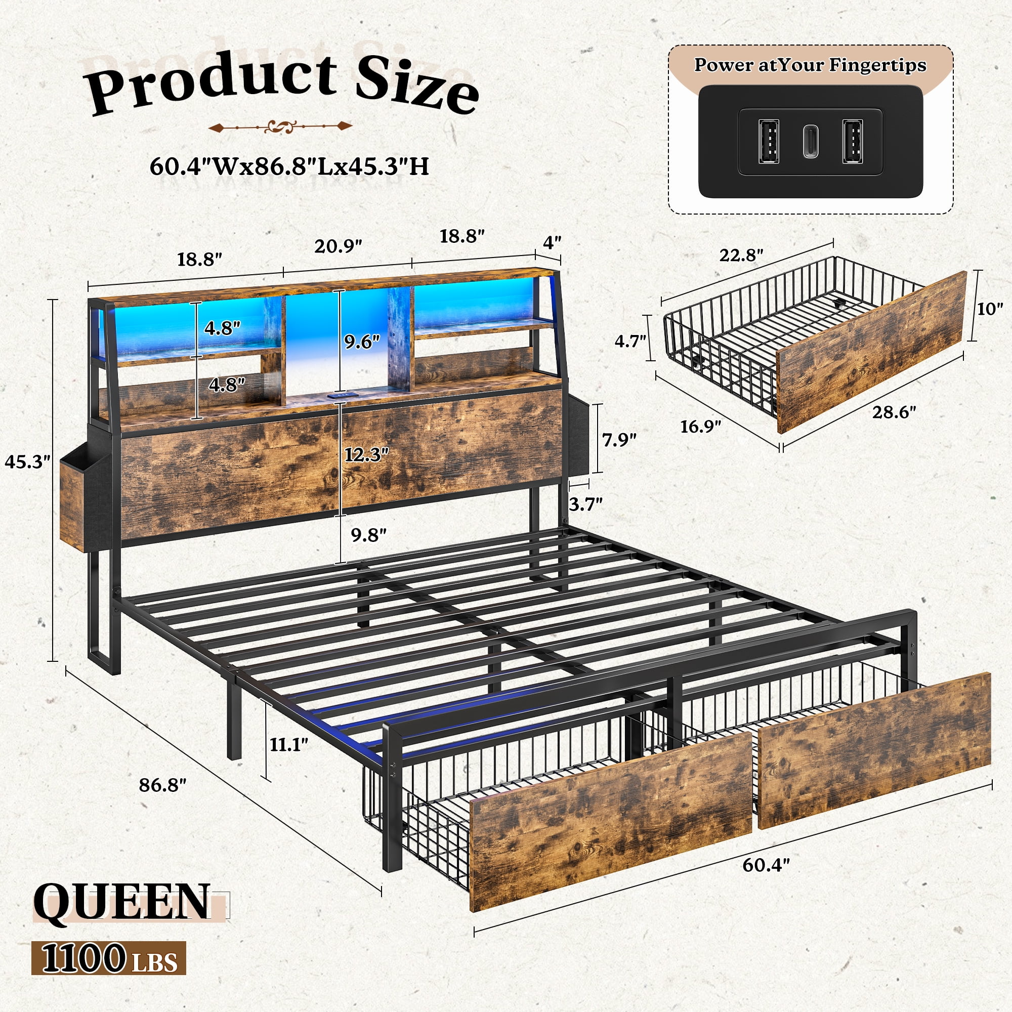 EnHomee Metal Bed Frame with 3-Tier Storage Headboard Queen Size Metal Bed Frame with 2 Underbed Drawers & 2 Bedside Fabric Drawers & LED Lights & Charge Station,Rustic Brown