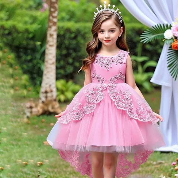 Girls Round Neck Sleeveless Princess Dress, Flower Girl Wedding Gown with Beaded Tulle Puffy Skirt, Junior Bridesmaid Party Dress for Birthday and Pageant, Age 3-14Y Pink 150
