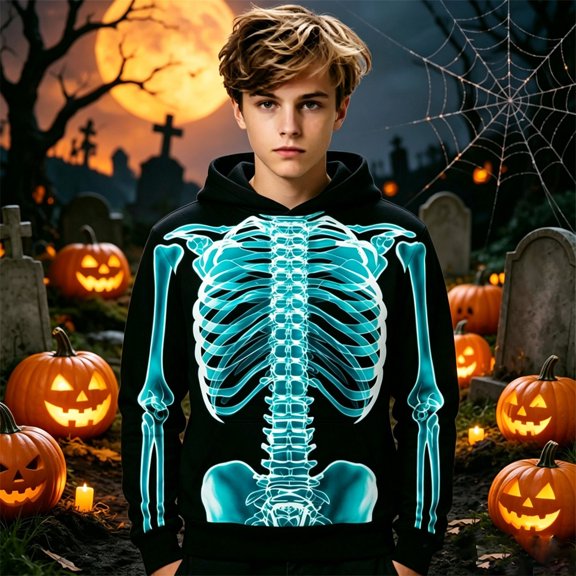 RUTAYY Boys Casual Hoodie Long Sleeve Halloween Theme Skeleton All Over Print Loose Fit Hooded Sweatshirt Sky Blue