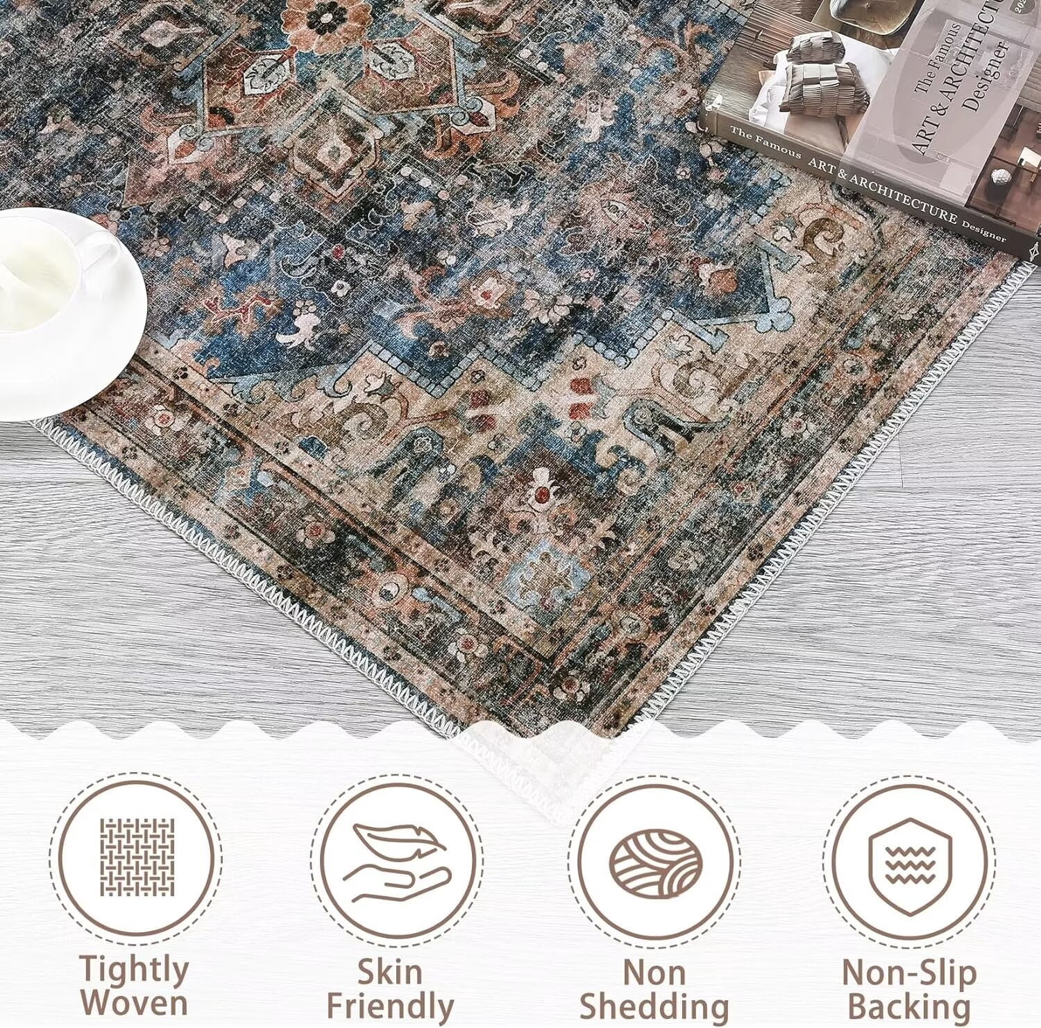 Garvee Area Rug 5'x7' Boho Tribal Area Rug Living Room Rug Distressed Vintage Oriental Area Rugs Low Pile Stain Resistant Rug Soft Foldable Rug Home Decor, Blue/Brown