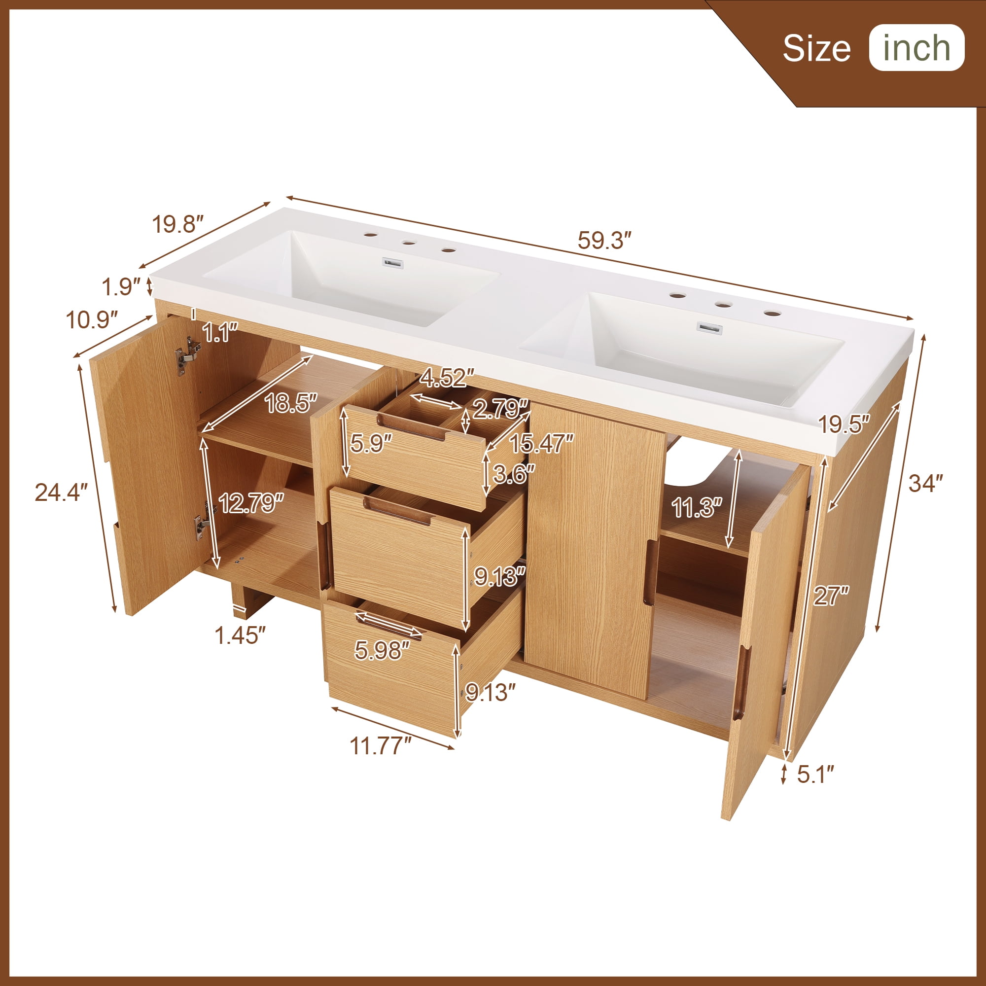 Harper & Bright Designs 59.3'' Bathroom Vanity with Double Sink, Free Standing Single Basin Vanity Set with 4 Doors & 3 Drawers, Handle-Free Design, Soft-Close Hinges, Hidden Drawer Slides, Wood