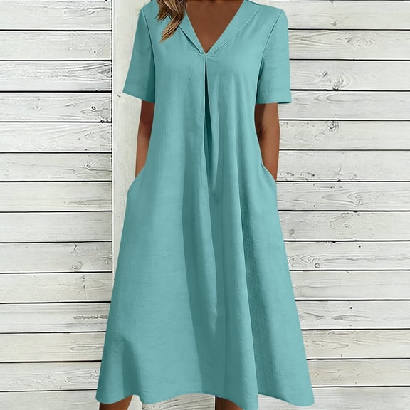TaTaai Women's Spring Summer V-Neck Dress Short Sleeve Linen Blend Loose Casual Midi Dress for Daily Home Beach Vacation Wear Gift