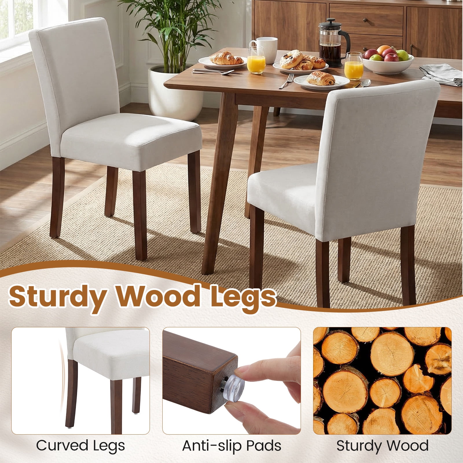Firmoz Set of 4 Fabric Dining Chairs, Parsons Modern Kitchen Chairs with Wood Legs, White