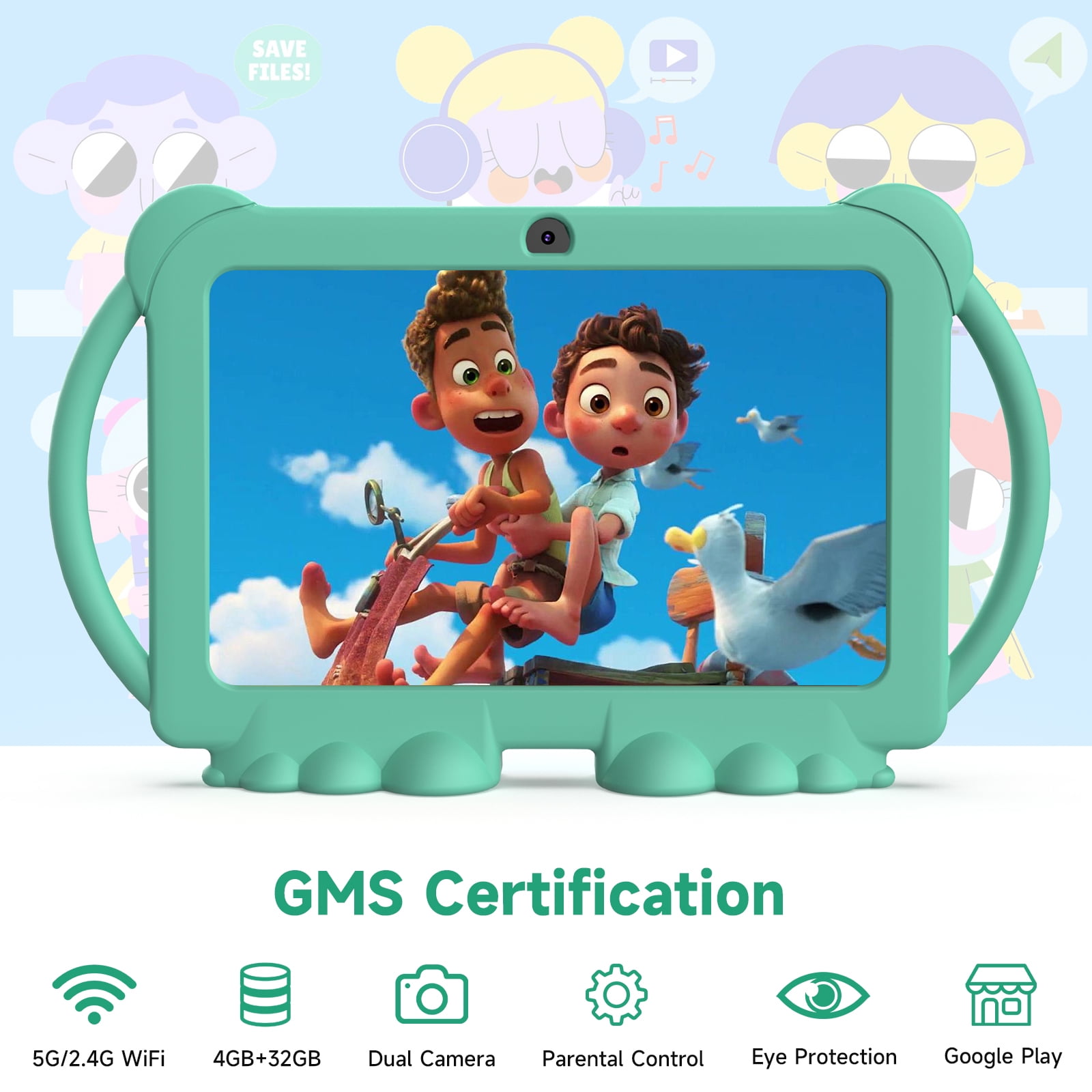 Kids Tablet 7 inch, Android Toddler Tablets with Shockproof  Case, Tablet for Kids 4GB+32GB+1TB Expand 1024x600 IPS HD Touchscree, Quad-Core Processor with WiFi Bluetooth Dual Camera, Green